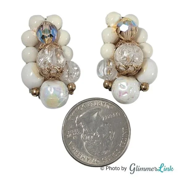 Vintage Multi Beaded Ear Climber Cluster Gold Tone Mid-Century Clip On Earrings - Picture 5 of 11